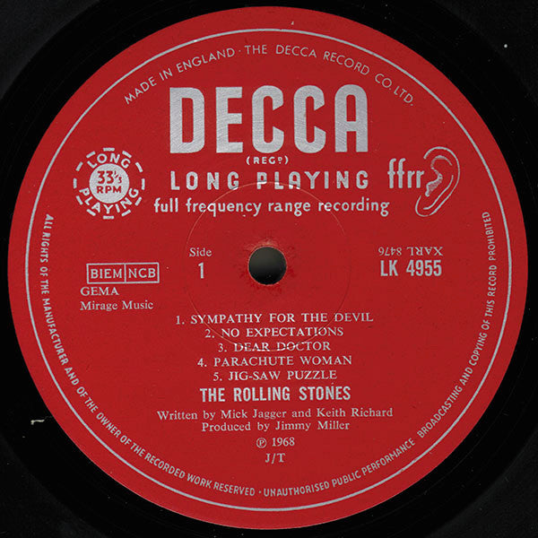 Image of Label Cover of 4144260S: LP - THE ROLLING STONES, Beggars Banquet (Decca Red Unboxed; LK4955, UK 1968, Laminated Gatefold Sleeve, Mono, Inverted Matrix Not In Brackets, Side Indicators To Left of Spindle Hole) Sleeve sturdy and intact. Edge and ring wear. Disc is strong G+.  G+/G+