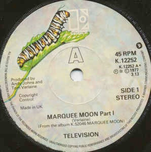 Image of Front Cover of 7" - VG/VG - TELEVISION, Marquee Moon 1+2 (Elektra; K 12252, UK 1977, Company Sleeve), Bit of Music & Video related sticker damage to top of A side label,  - 3516106C