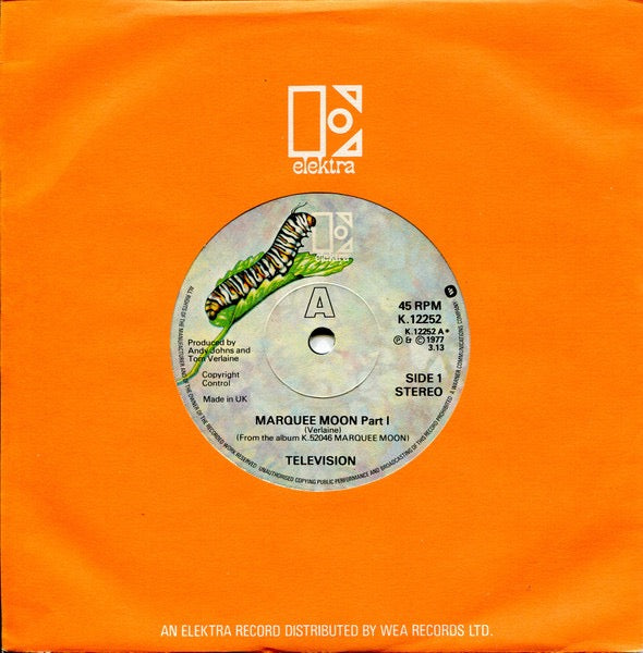 Image of Label Cover of 7" - VG/VG - TELEVISION, Marquee Moon 1+2 (Elektra; K 12252, UK 1977, Company Sleeve), Bit of Music & Video related sticker damage to top of A side label,  - 3516106C