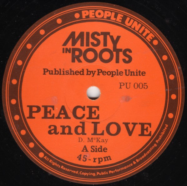 Image of Label Cover of 12" - VG/VG+ - MISTY IN ROOTS, Peace And Love / Bail Out (People Unite; PU 005, UK 1981, Company Sleeve), Brush marks, plays nice. Clean labels. SWOC back cover.,  - 3716021C