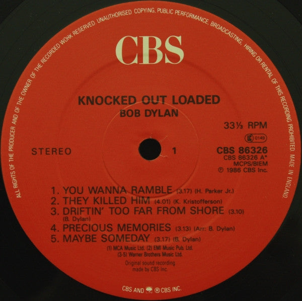 Image of Label Cover of LP - VG+/VG+ - BOB DYLAN, Knocked Out Loaded (CBS Red Label; 86326, UK 1986, Inner), ,  - 4026050E