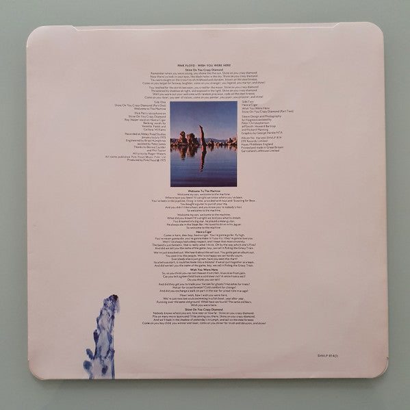 Image of Back Cover of LP - VG/VG - PINK FLOYD, Wish You Were Here (Harvest; SHVL 814, UK 1976 Reissue, Inner With Round Corners, No Postcard, A-6/B-14 Matrix, Waters Shine On Part V Credit), Strong VG - light marks, ring wear, staining on sleeve & Inner,  - 3546099S