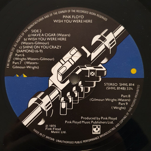 Image of Label Cover of LP - VG/VG - PINK FLOYD, Wish You Were Here (Harvest; SHVL 814, UK 1976 Reissue, Inner With Round Corners, No Postcard, A-6/B-14 Matrix, Waters Shine On Part V Credit), Strong VG - light marks, ring wear, staining on sleeve & Inner,  - 3546099S