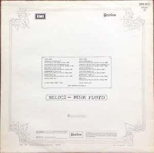 Image of Back Cover of LP - VG/VG - PINK FLOYD, Relics (Starline Blue Labels; SRS 5071, UK 1975 Reissue, Black And White Textured Sleeve, 2nd Issue. A1/B3, "Made In Great Britain" At 4 O'Clock On Rim Text), Hairlines, scuffs. Edge wear, slightly discoloured sleeve.,  - 3646444S