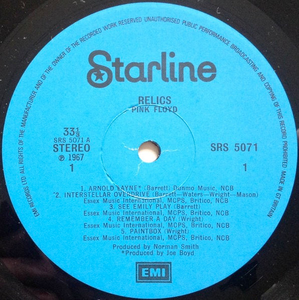 Image of Label Cover of 3624108E: LP - PINK FLOYD, Relics (Starline; SRS 5071, UK 1975 Reissue, Textured Sleeve, WITHOUT Made In Great Britain At Bottom of Label) Sleeve has staining and ringwear.  G+/VG