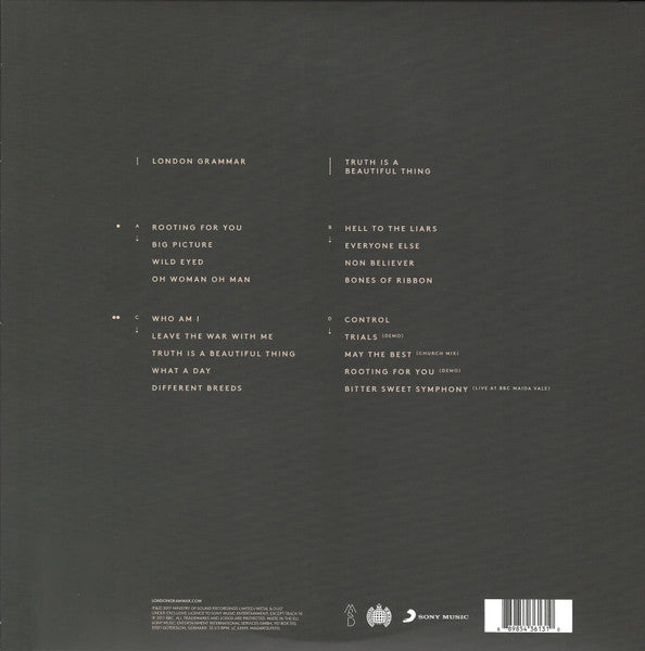 Image of Back Cover of 2xLP - VG+/VG+ - LONDON GRAMMAR, Truth Is A Beautiful Thing (Ministry Of Sound; MADART2LP, UK 2017, Gatefold, 2 Inners, Deluxe Version, 7 bonus tracks), ,  - 2046205S