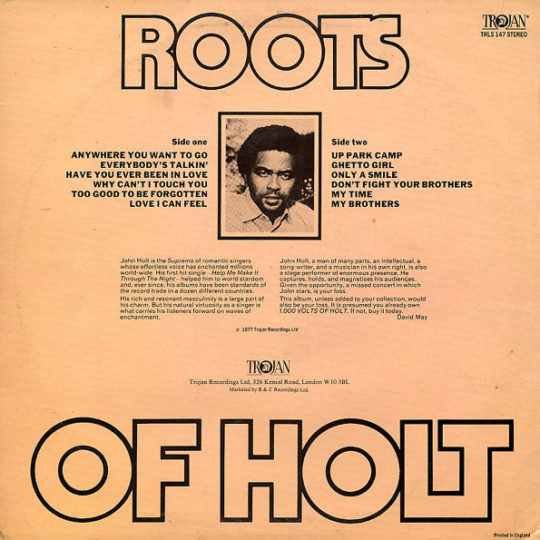 Image of Back Cover of LP - VG/VG+ - JOHN  HOLT , Roots Of Holt (Trojan Records; TRLS 147, UK 1977), Clean shiny disc. Light stains on back cover, SWOC.,  - 2446239S