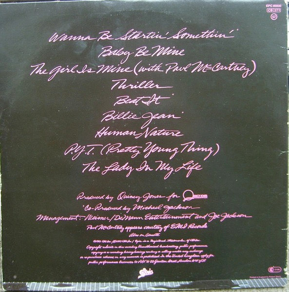 Image of Back Cover of LP - G+/VG - MICHAEL JACKSON, Thriller (Epic Blue and Yellow; EPC 85930, UK 1982, Gatefold, Inner, Printed By Robert Stace), one or two light scuffs on vinyl. creasing to gatefold and faint wear. water damage/mold spot to inner,  - 2846106S