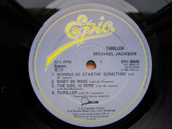 Image of Label Cover of LP - G+/VG - MICHAEL JACKSON, Thriller (Epic Blue and Yellow; EPC 85930, UK 1982, Gatefold, Inner, Printed By Robert Stace), one or two light scuffs on vinyl. creasing to gatefold and faint wear. water damage/mold spot to inner,  - 2846106S