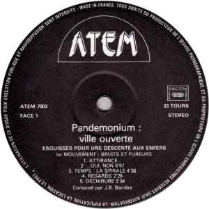 Image of Label Cover of LP - VG+/VG+ - JEAN BAPTISTE BARRIERE, Pand monium: Ville Ouverte (Esquisses Pour Une Descente Aux Enfers) (Atem ; ATEM 7003, France 1979), excellent copy all-round! slight discolouration bottom edge - v .minor,  - 2046058S