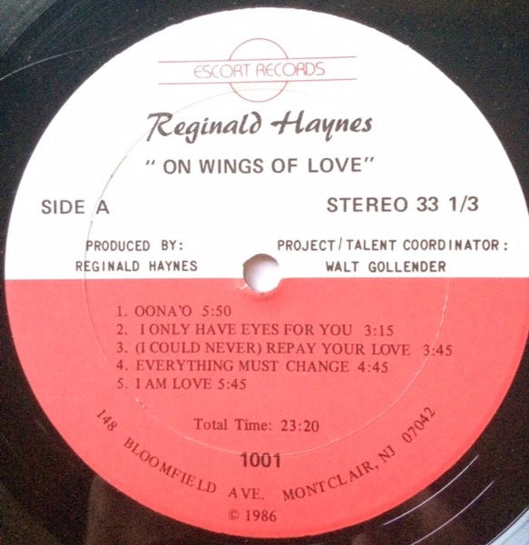 Image of Back Cover of 4214156C: LP - REGINALD  HAYNES, On Wings Of Love (Escort Records; LP1001, US 1986) Discolouration and crease to sleeve. Light marks to vinyl.  VG/VG