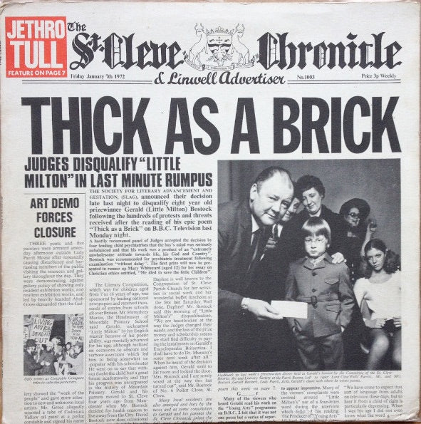 Image of Front Cover of LP - G+/VG - JETHRO TULL, Thick As A Brick (Chrysalis Green; CHR 1003, Denmark 1972, Fold Out NewspaperSleeve), Sleeve Repaired With Tape,  - 2726312E