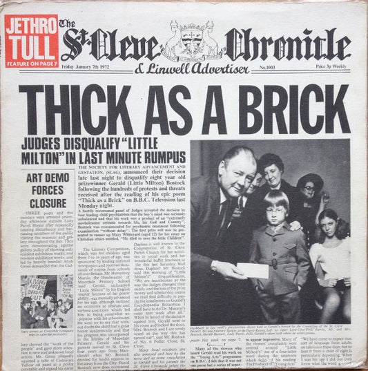 Image of Front Cover of LP - G+/VG - JETHRO TULL, Thick As A Brick (Chrysalis Green; CHR 1003, Denmark 1972, Fold Out NewspaperSleeve), Sleeve Repaired With Tape,  - 2726312E
