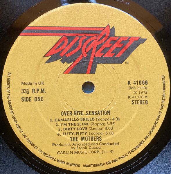 Image of Label Cover of LP - VG+/VG - FRANK ZAPPA & THE MOTHERS, Over-Nite Sensation (Discreet - No Warner logo on Rim; K41000, UK 1973, Gatefold), Strong VG, light hairlines only.,  - 3316061C