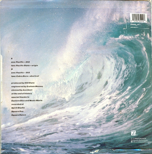 Image of Back Cover of 12" - VG/VG - 808 STATE, Pacific (ZTT; ZANG 1T, ZTT    2292 465 21-0, UK 1989, Picture Sleeve, Adrenalin Pressing), Light Marks only., State A	A1	Pacific-202A2	Pacific State-OriginState B	B1	Pacific-303B2	Cobra-Bora-Shortcut - 2526462E
