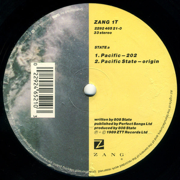 Image of Label Cover of 12" - VG/VG - 808 STATE, Pacific (ZTT; ZANG 1T, ZTT    2292 465 21-0, UK 1989, Picture Sleeve, Adrenalin Pressing), Light Marks only., State A	A1	Pacific-202A2	Pacific State-OriginState B	B1	Pacific-303B2	Cobra-Bora-Shortcut - 2526462E