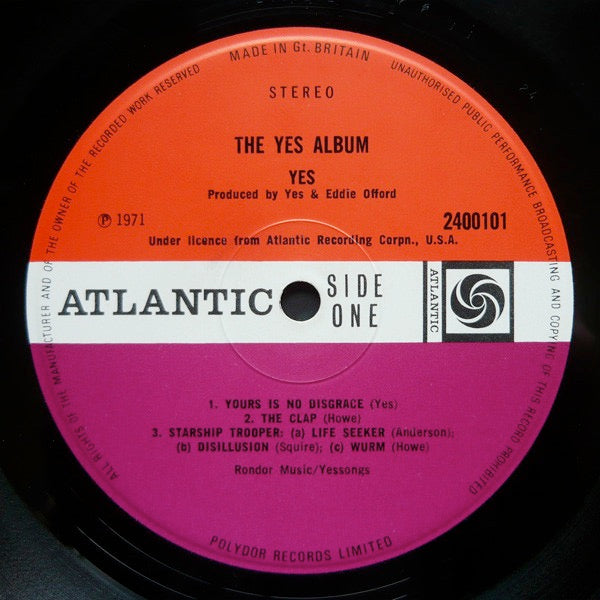 Image of Label Cover of LP - G+/VG - YES, The Yes Album (Atlantic Plum & Orange; 2400101, UK 1971, Gatefold, Rondor Music / Yessongs Publishing), Strong VG disc, Just one superficial scuff to side 1, Nice and glossy, Rear sleeve has a 20cm chunk of print ripped off, Both sides have circular label sized ring wear,  - 4116089C