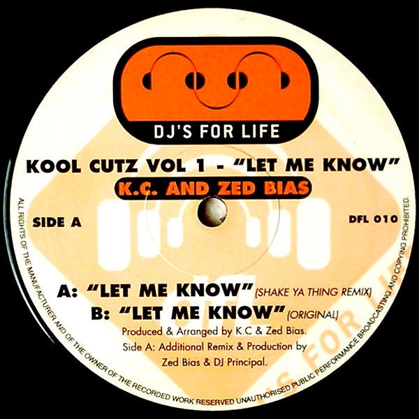 Image of Front Cover of 12" - /G - K.C. AND ZED BIAS, Kool Cutz Vol 1 - (Let Me Know) (DFL (DJ's For Life); DFL 010, UK 1999, Plain Sleeve), Strong G, many light marks, plays VG.,  - 2546059S