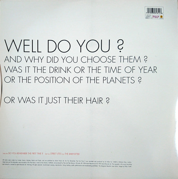 Image of Back Cover of 12" - VG/VG - PULP, Do You Remember The First Time? (Island Records; 12IS 574, UK 1994, Picture Sleeve), Very small stain at bottom of sleeve.,  - 2816070C