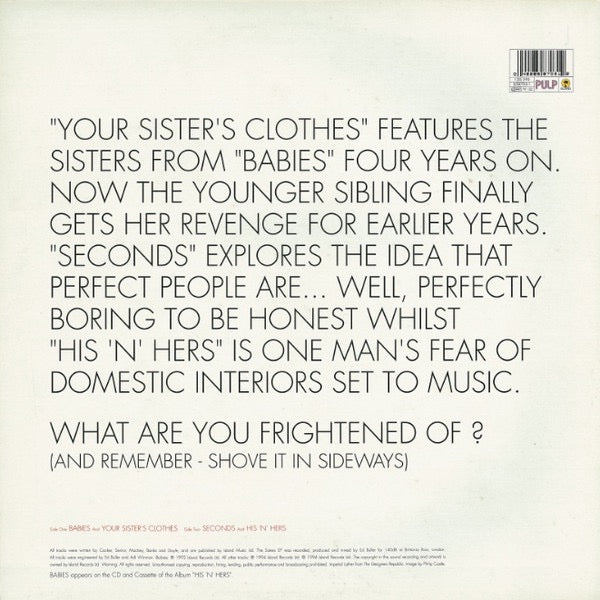 Image of Back Cover of 12" EP - VG+/G - PULP, The Sisters E.P. (Island Records; 12IS 595, UK 1994, Stickered Picture Sleeve, NO Art Print), Vinyl has lots of light marks, plays through with no skips or sticks.,  - 3416546C