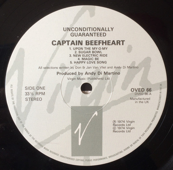 Image of Label Cover of 1524062E: LP - CAPTAIN BEEFHEART, Unconditionally Guaranteed (Virgin Grey Label; OVED 66, UK 1980s Reissue, No Company Inner, Barcode)   VG/VG+