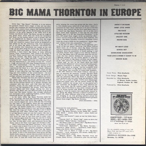 Image of Back Cover of LP - VG/VG - BIG MAMA THORNTON, In Europe (Arhoolie Records ; F 1028, US Reissue, Pasteback Sleeve), Strong VG to disc. Sleeve has some shelf wear.,  - 3516312C