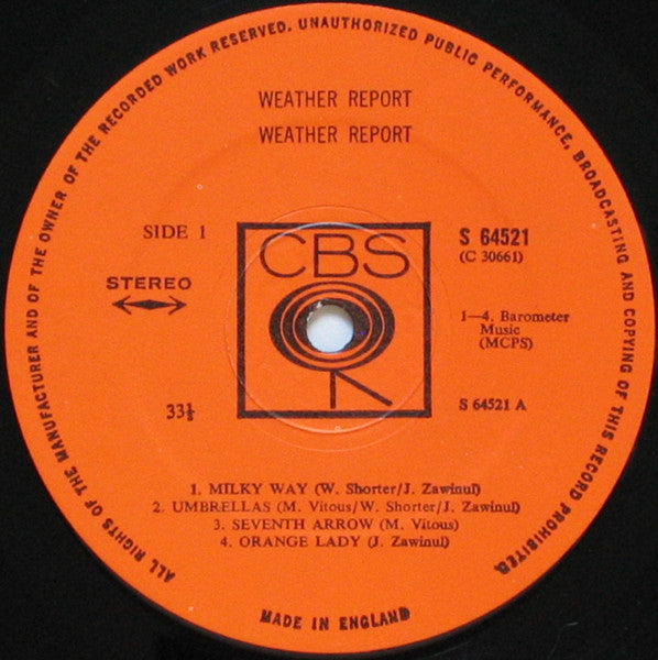Image of Label Cover of 5025211E: LP - WEATHER REPORT, Weather Report (CBS Orange (33 1/3 On Label); S 64521, UK 1971, Picture Sleeve, Stereo) A few light hairlines only  VG/VG+