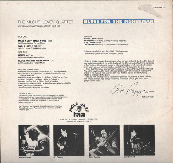 Image of Back Cover of LP - VG+/VG - THE MILCHO LEVIEV QUARTET, Blues For The Fisherman (Mole Jazz; Mole 1, UK 1980, Picture Sleeve, Stereo), Sleeve has a bumped corner, a small sticker removal tear on rear and a vague hint of ringwear.,  - 2326036E