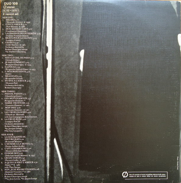 Image of Back Cover of 2xLP - VG/VG+ - EDITH PIAF, Portrait Of Piaf - 25 Of Her Greatest Hits (Double-Up; DUO 109, UK 1973, Gatefold), Split seam.,  - 2616156C
