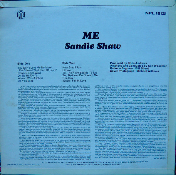 Image of Back Cover of LP - VG+/VG+ - SANDIE SHAW, Me (Pye; NPL18121, UK 1965, Laminated Flipback Sleeve, Mono), Company Inner,  - 3926434E