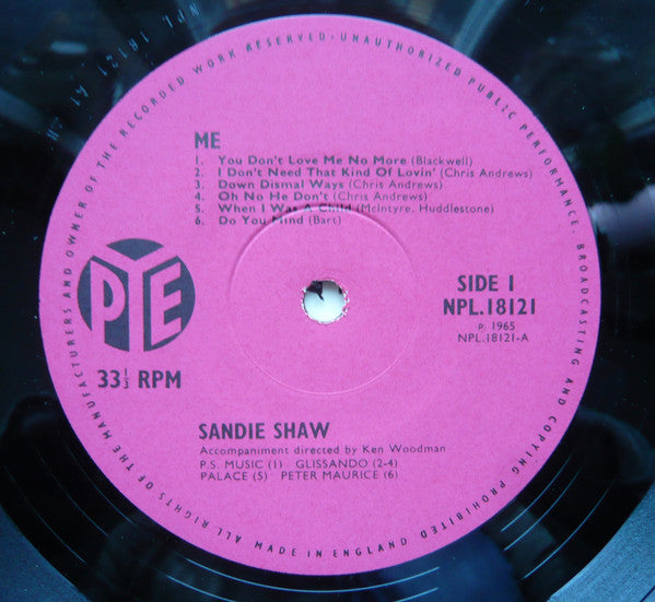 Image of Label Cover of LP - VG+/VG+ - SANDIE SHAW, Me (Pye; NPL18121, UK 1965, Laminated Flipback Sleeve, Mono), Company Inner,  - 3926434E