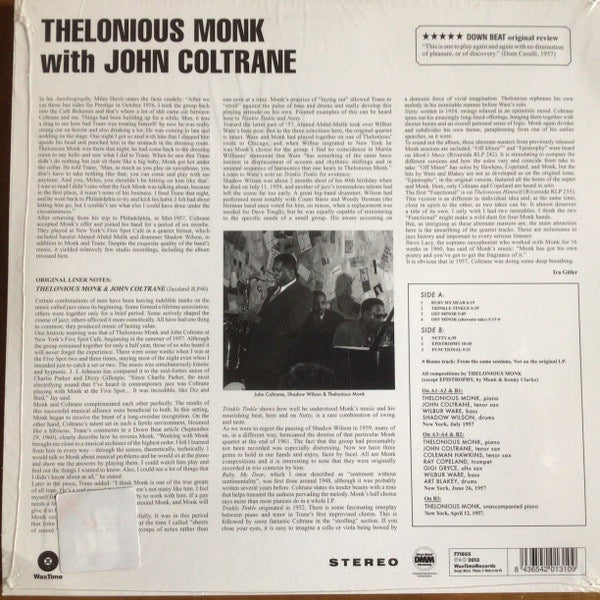 Image of Back Cover of LP - NEW/NEW - THELONIOUS  MONK WITH JOHN COLTRANE, Thelonious Monk With John Coltrane (Wax Time; 771855, Europe 2013 Reissue, 180 Gram Vinyl), ,  - 2416267C
