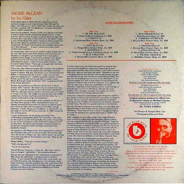 Image of Back Cover of 2xLP - G+/G+ - JACKIE MCLEAN, Jacknife (Blue Note; BN-LA457-H2, US 1975, Gatefold, Company Inner), Seams starting to split. Discs had a fair few light, streaky marks., Tracks A1 to B3 recorded at the Van Gelder Studio, Englewood Cliffs, New Jersey in mid 1965.Tracks C1 to D3 recorded at the Van Gelder Studio, Englewood Cliffs, New Jersey on April 12, 1966. - 2416016C