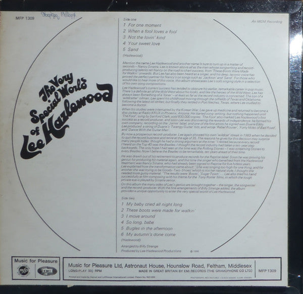 Image of Back Cover of LP - VG/VG+ - LEE HAZLEWOOD, The Very Special World Of Lee Hazlewood (Music For Pleasure; MFP 1309, UK 1969 Reissue, Laminated Flipback Sleeve, "SOLD IN THE U.K..." On Label), ,  - 0826296E