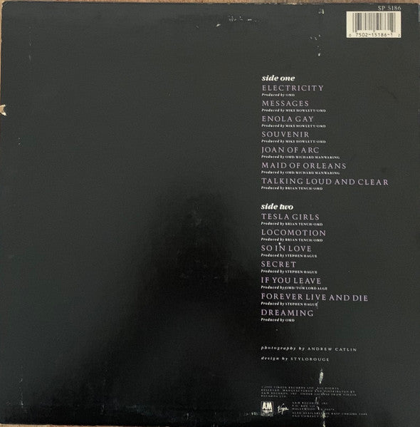 Image of Back Cover of LP - VG/G - ORCHESTRAL MANOEUVRES IN THE DARK, The Best Of OMD (A&M Records; SP 5186, US 1988, Inner, Allied Pressing, Dark Brown Translucent Vinyl), Lots of light marks, Intact but worn sleeve.,  - 2316313C