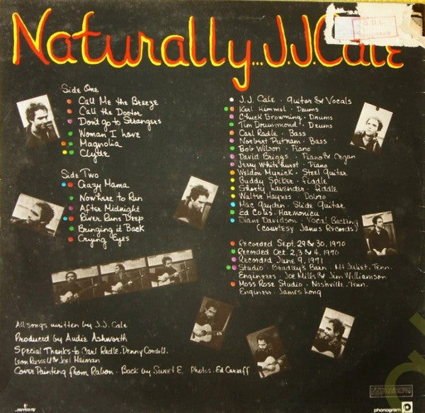Image of Back Cover of LP - VG/G - J.J. CALE, Naturally (Mercury; PRICE25, UK 1983 Reissue, Company Inner), Lots of surface hairlines. ,  - 3716200C