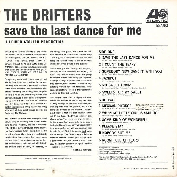 Image of Back Cover of 2114199C: LP - DRIFTERS, Save the Last Dance for Me (Atlantic Plum & Orange; 587063, UK 1962, Mono)   VG+/VG