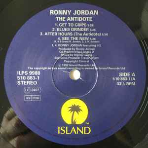 Image of Label Cover of LP - G/G - RONNY JORDAN, The Antidote (Island Records; ILPS 9988, UK 1992), Lots of marks on record. Sleeve worn and split / damaged at edges and corners. Old price sticker ripped on front; staining and scuffs and pen on reverse,  - 2316222C