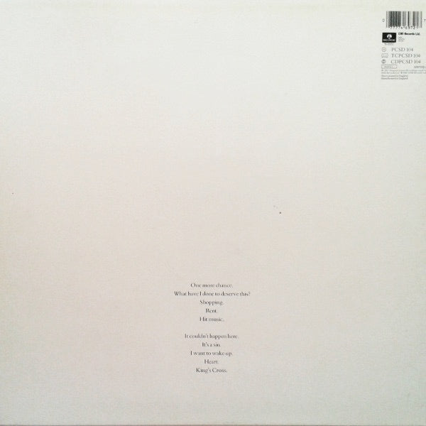 Image of Back Cover of LP - VG/VG - PET SHOP BOYS, Actually (Parlophone; PCSD 104, UK 1987, Inner), Strong VG,  - 2626091E
