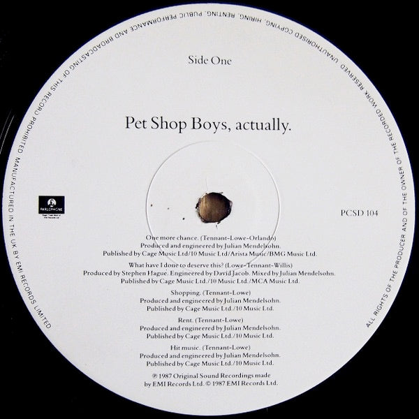 Image of Label Cover of LP - VG/VG - PET SHOP BOYS, Actually (Parlophone; PCSD 104, UK 1987, Inner), Light Marks only.,  - 2216070C