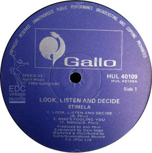 Image of Label Cover of LP - VG/VG - STIMELA, Look, Listen And Decide (Gallo ; HUL 40109, South Africa 1986, Picture Sleeve, Inner), ,  - 3626172E