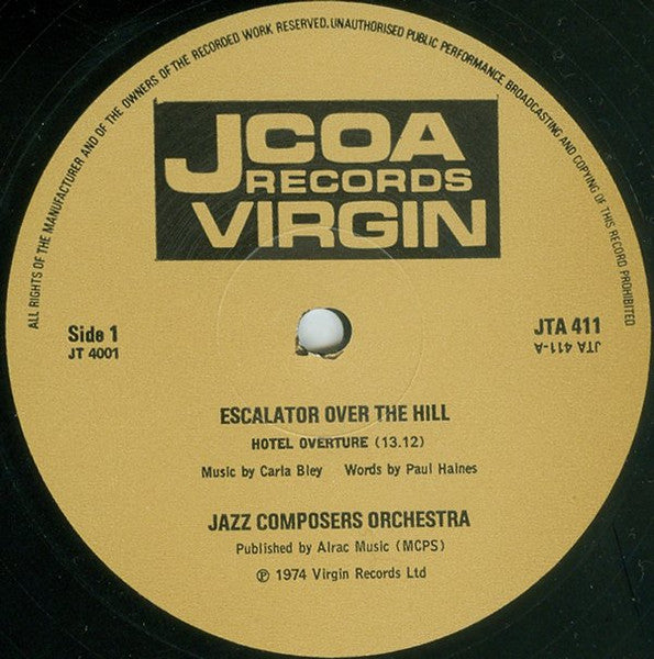 Image of Label Cover of 3xLP - VG/VG+ - CARLA BLEY/P.HAINES, Escalator Over The Hill (JCOA; JT4001, UK 1974, Embossed Sleeve, Booklet & Inserts), Strong VG, some very light marks only. Scuffed spine. With booklet and fanzine,  - 3246346S