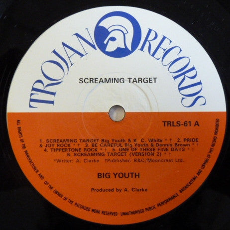 Image of Label Cover of LP - G/G+ - BIG YOUTH, Screaming Target (Trojan Records; TRLS 61, UK 1973), Marks on Disc, but plays well.,  - 4126065E