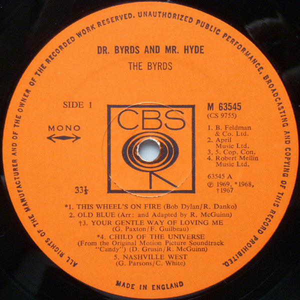Image of Label Cover of LP - VG/VG+ - THE BYRDS, Dr Byrds and Mr Hyde (CBS Orange ; 63545, UK 1969, Laminated Front Sleeve, Mono), Strong VG+, Corner Bump,  - 4326236E