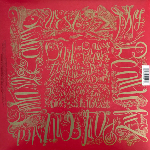Image of Back Cover of 3xLP - VG/VG+ - KANYE WEST, My Beautiful Dark Twisted Fantasy (Roc-A-Fella Records; B0014695-01, US 2010, Die-cut Double Gatefold, Poster & 5 Art Prints, Limited Edition), A handful of light harlines across discs, some corner wear to sleeve. All 5 inserts and poster included,  - 2926314E
