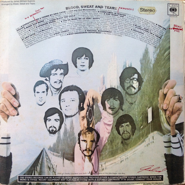 Image of Back Cover of LP - VG/VG - BLOOD, SWEAT & TEARS, Blood, Sweat & Tears (CBS Orange Label With A4/A5 Credited To Cop. Con. ; 63504, UK 1968, Inside-Loading Gatefold Sleeve), Glossy disc but has mottled marks,  - 3416515C