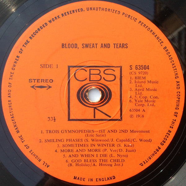 Image of Label Cover of LP - VG/VG - BLOOD, SWEAT & TEARS, Blood, Sweat & Tears (CBS Orange Label With A4/A5 Credited To Cop. Con. ; 63504, UK 1968, Inside-Loading Gatefold Sleeve), Glossy disc but has mottled marks,  - 3416515C