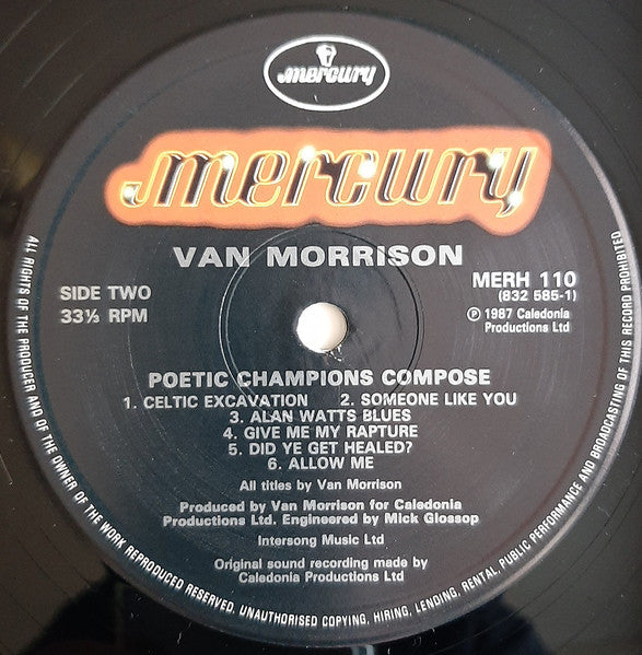 Image of Label Cover of LP - VG/G+ - VAN MORRISON, Poetic Champions Compose  (Mercury; MERH110, UK 1987, Inner), ,  - 0616195C