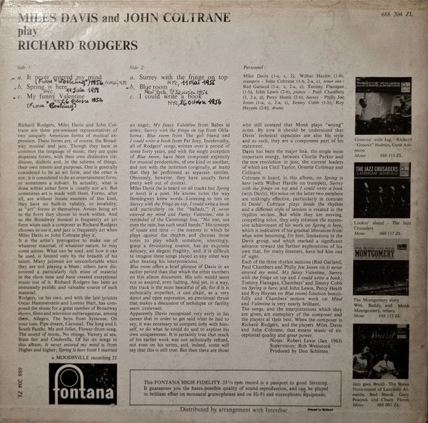 Image of Back Cover of LP - VG/G+ - MILES DAVIS & JOHN COLTRANE, Play Richard Rodgers (Fontana; 688204ZL, UK 1963), Quite a few light marks but plays well. ,  - 2016557C