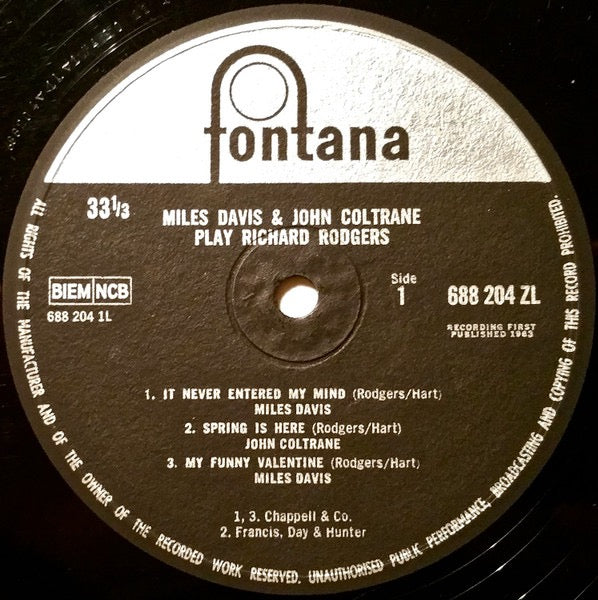 Image of Label Cover of LP - VG/G+ - MILES DAVIS & JOHN COLTRANE, Play Richard Rodgers (Fontana; 688204ZL, UK 1963), Quite a few light marks but plays well. ,  - 2016557C